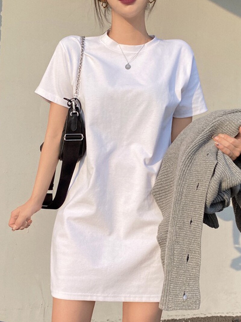 2026新款白色中长款遮臀屁股上衣修身长t恤女短袖纯棉体恤裙夏长t