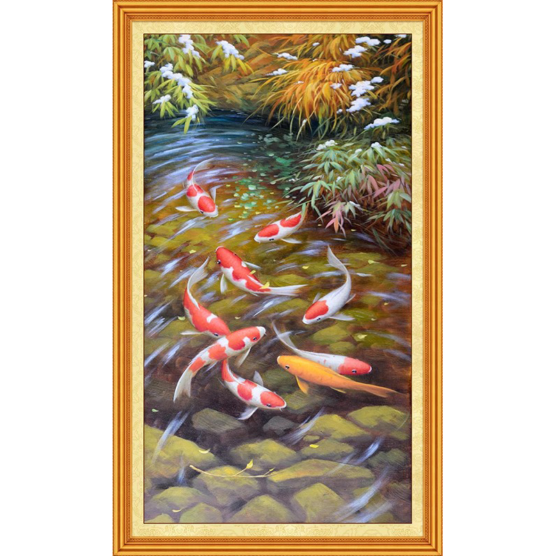 装饰画客厅背景墙现代玄关竖幅装饰油画鲤鱼荷花溪流九鱼图无框画图片