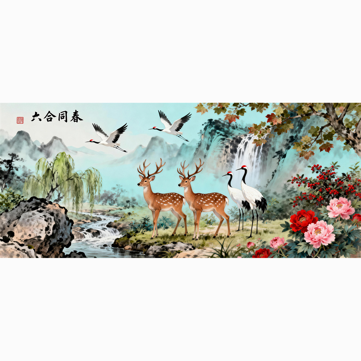 中式山水风景装饰画客厅无框贴纸自粘贴画带背胶壁画