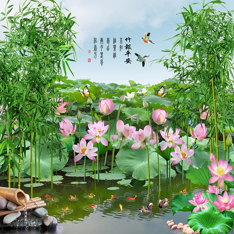 现代中式装饰画客厅电视沙发玄关中堂背景墙荷花竹子竹报平安