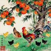 中式 饰画 事事如意自粘贴画柿子公鸡画花鸟客厅餐厅玄关装