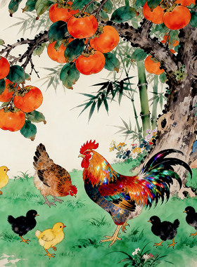 中式事事如意自粘贴画公鸡牡丹画五牛图花鸟客厅餐厅玄关装饰画