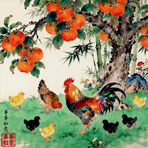 中式事事如意自粘贴画公鸡牡丹画五牛图花鸟客厅餐厅玄关装饰画