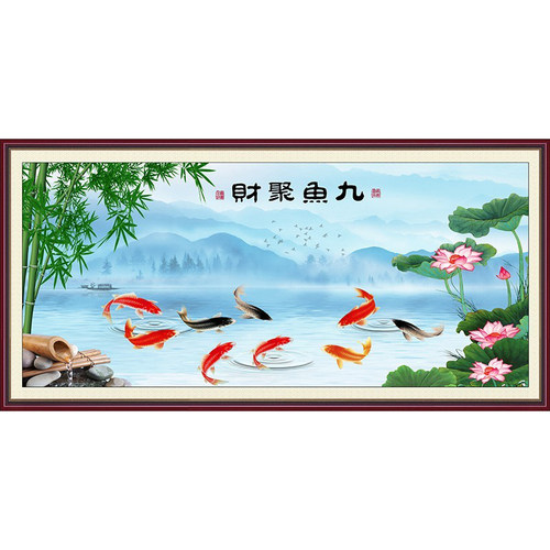 九鱼图聚财中堂风喷绘背景墙画
