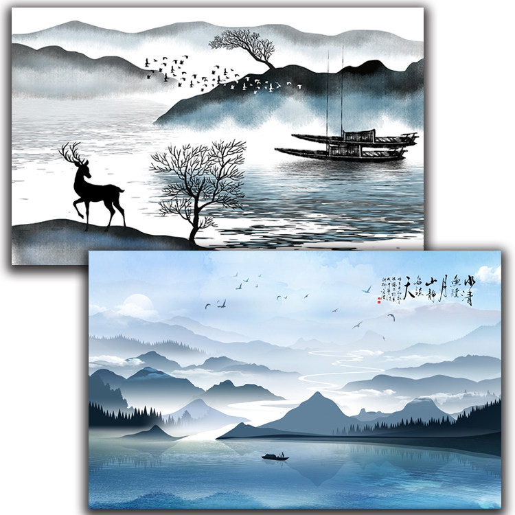 中国风禅意水墨山水新中式装饰画电视壁画客厅玄关自粘贴背景墙画