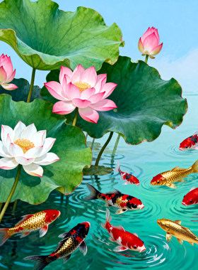 中式荷花锦鲤装饰画客厅办公室九鱼图无框画带背胶自粘贴画