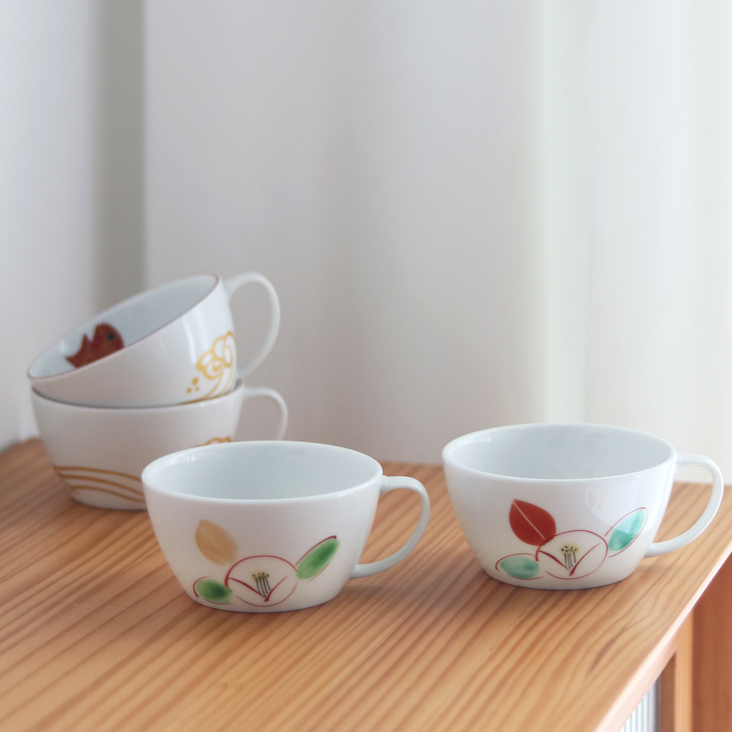 日本藏珍窑水绘鲷鱼汤杯山茶花杯
