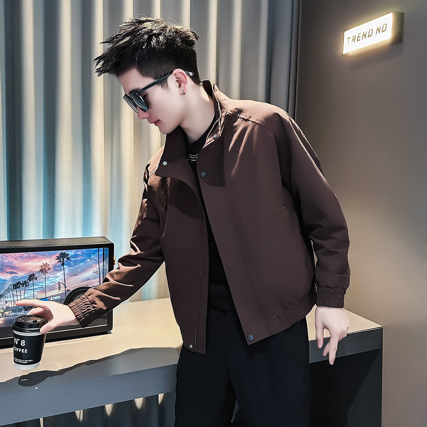J267-P98控145春装新款社会小伙店主风潮男夹克外套紫咖1，男装夹克，电商A346