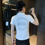 P149-P45控65社会小伙修身烫钻短袖polo衫男翻领t恤潮黑，男装Polo衫，电商A346