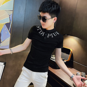 P150-P45 控65 社会小伙修身烫钻短袖polo衫男翻领t恤潮 黑1图片