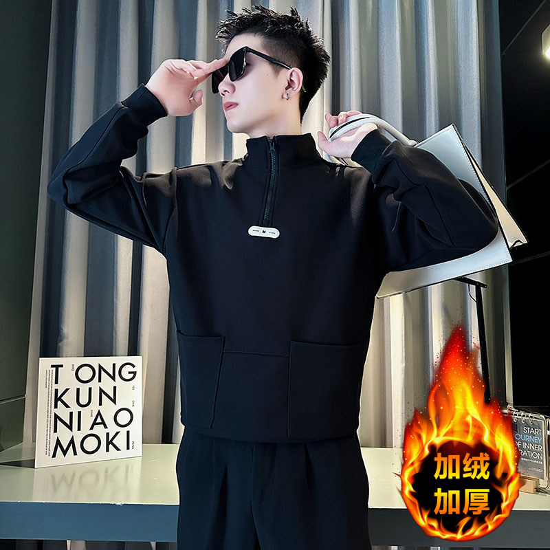 W208R-P78控108冬季小伙圆领拉链加绒加厚卫衣男店主风卫衣黑1，男装卫衣，电商A346