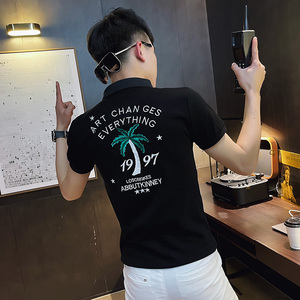 P138-P45 控65 社会小伙修身短袖polo衫男翻领t恤潮 黑1图片