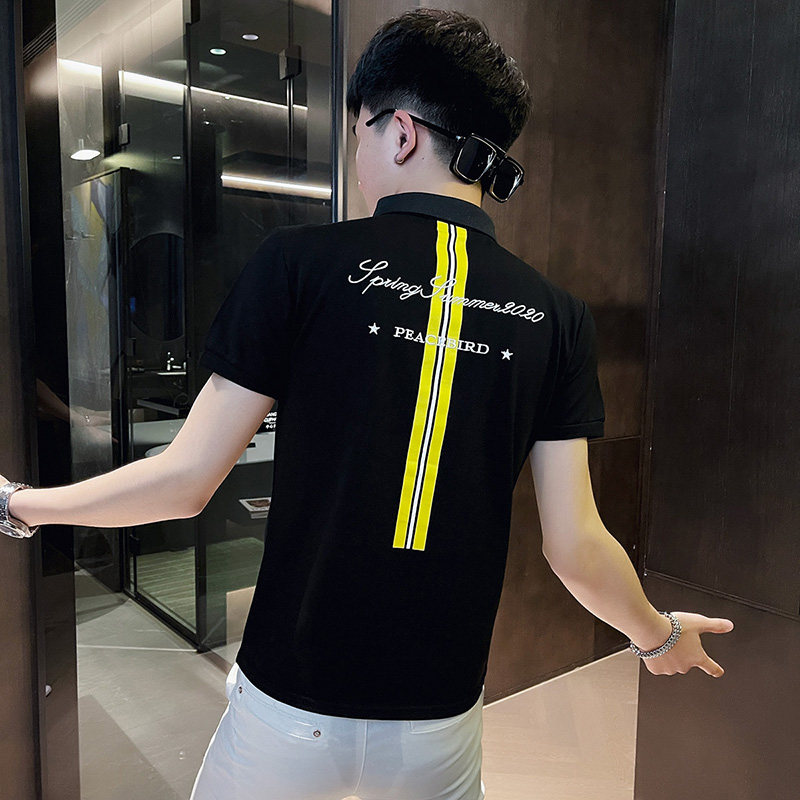 P151-P45 控65 社会小伙修身烫钻短袖polo衫男翻领t恤潮 黑1图片