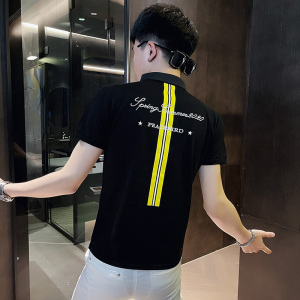 P151-P45 控65 社会小伙修身烫钻短袖polo衫男翻领t恤潮 黑1图片