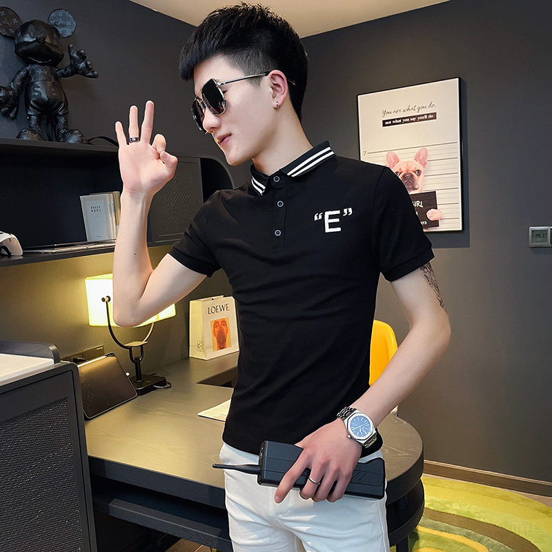 P152-P45 控65 社会小伙修身刺绣短袖polo衫男翻领t恤潮 黑图片