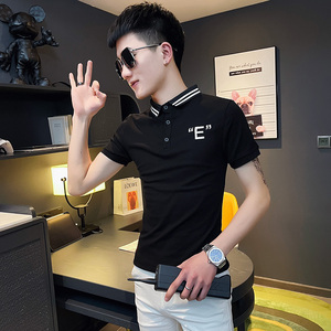 P152-P45 控65 社会小伙修身刺绣短袖polo衫男翻领t恤潮 黑图片