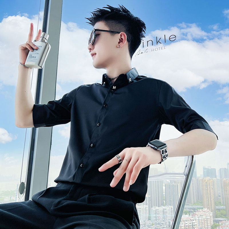C251-P58 控89 夏季男时尚短袖衬衫潮流男小伙衬衣 黑2