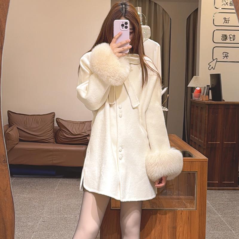 秋冬贵族蝴蝶结领口狐狸毛袖口羊毛毛呢斗篷大衣宽松气质外套女