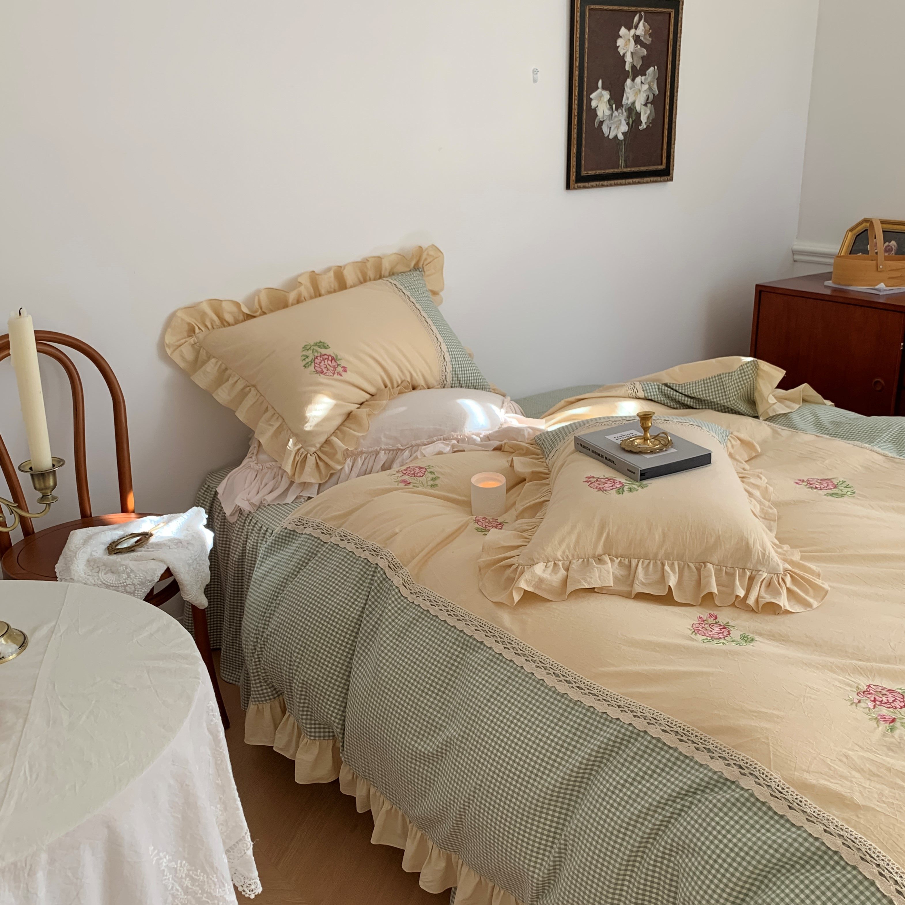 玫瑰与格子庄园︱韩式刺绣公主风床裙全棉四件套水洗纯棉花边被套