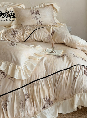 花至杏雨︱法式复古印花全棉长绒棉磨毛四件套纯棉花边被套床品2m
