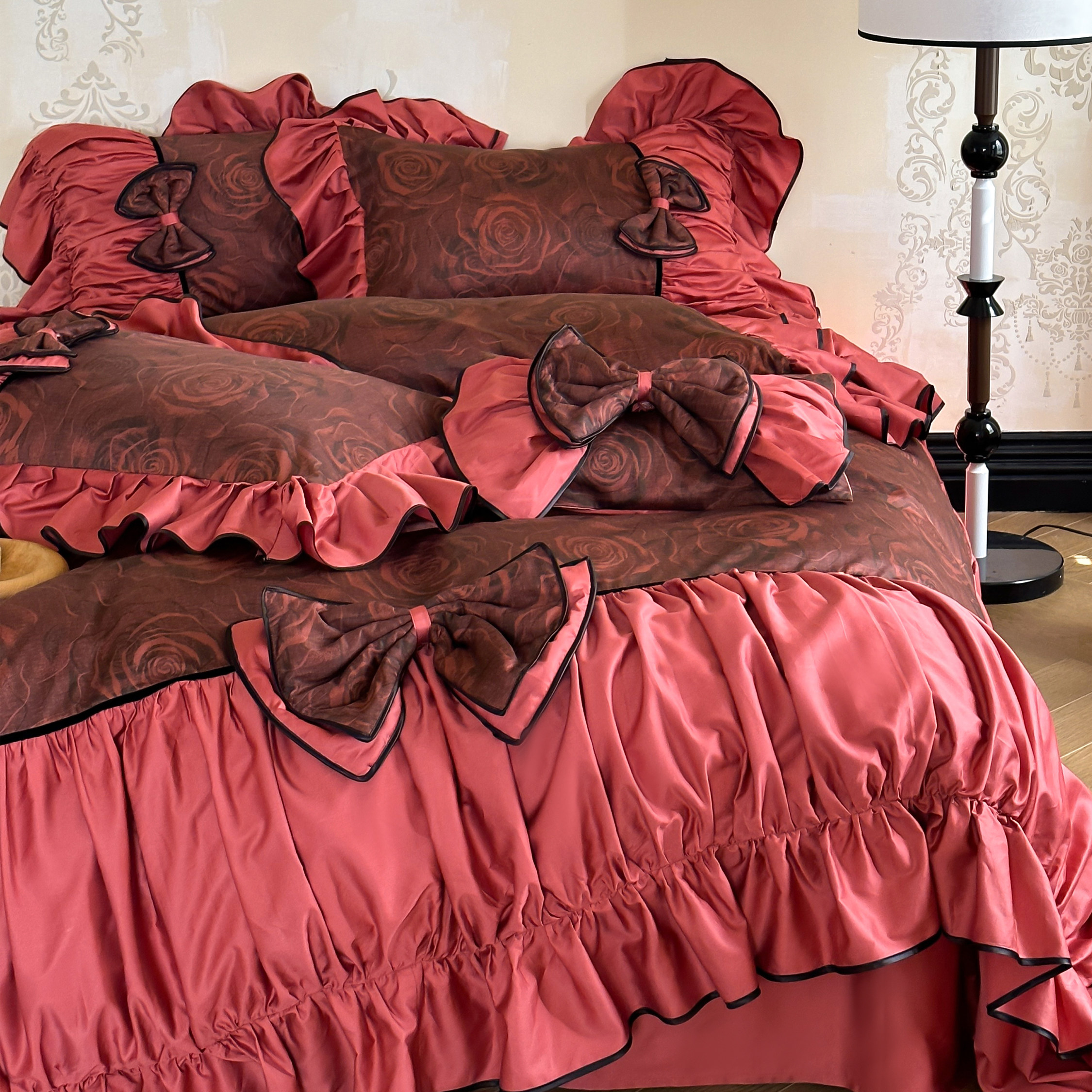 玫瑰泛泛︱法式复古红色全棉长绒棉四件套蝴蝶结纯棉贡缎被套床品