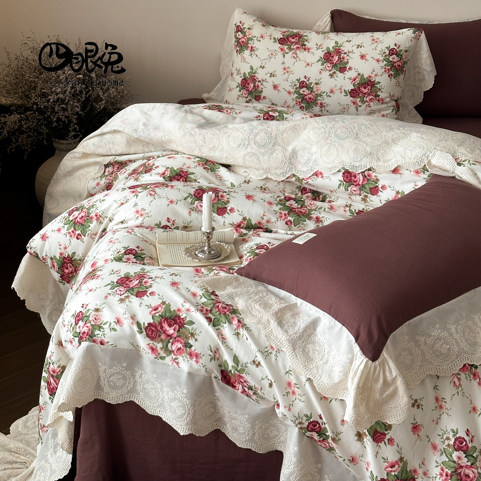 玫瑰花墙︱复古全棉双层纱四件套
