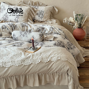 曼塔香颂︱法式复古印花全棉磨毛四件套秋冬纯棉蕾丝花边被套床品