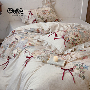 春晓韶华︱法式复古少女棉麻四件套纯棉混纺印花蝴蝶结被套床用品