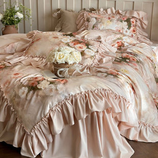 香茶花梦︱法式 复古秋冬全棉磨毛床裙四件套纯棉浪漫莫奈花园床品