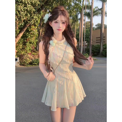 法式甜美绿色连衣裙女不
