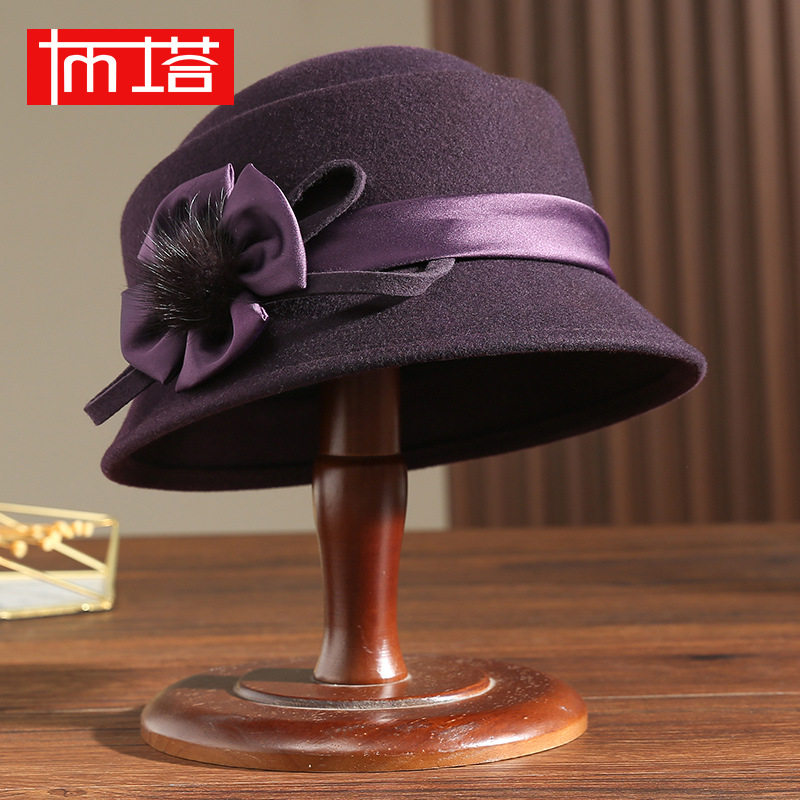 新款法式复古羊毛礼帽女秋冬款毛呢毡帽时尚百搭渔夫帽女优雅盆帽
