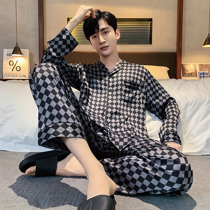 【CKHOR】丝绸质感休闲套装男士黑色条纹睡衣套装翻领家居服长袖