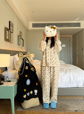 nini自制圣诞树印花空气棉睡衣两件套女秋冬款宽松可爱保暖居家服