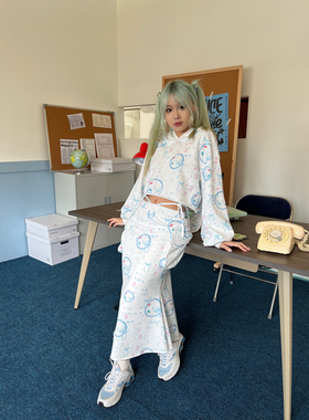 nini自制泡泡kt兔耳朵连帽宽松套头卫衣松紧腰绑带鱼尾裙半身裙