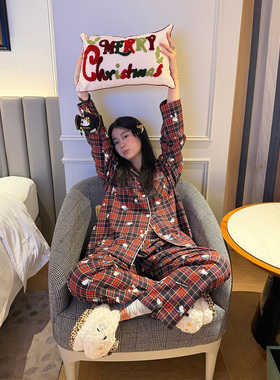 nini自制2025新款圣诞跨年战袍红色格子kitty睡衣套装全棉家居服