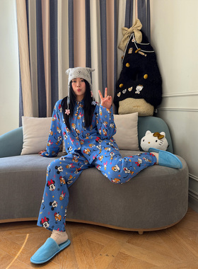 nini自制秋冬新品蓝色米奇高飞纯棉磨毛睡衣女长袖长裤家居服套装