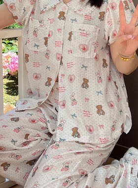 nini自制双层天丝小熊印花夏季睡衣女泡泡短袖纯棉可外穿居家服女