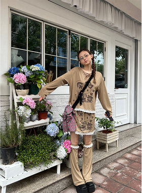 nini自制 复古蕾丝棕色kitty套装y2k甜妹宽松绑带上衣短裙