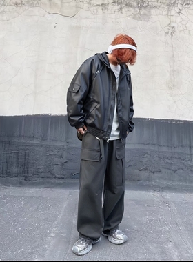 Rural man 复古做旧PU皮羽绒服男冬宽松90白鸭绒机能连帽工装外套