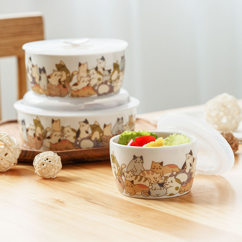 懒猫圆形陶瓷保鲜碗带盖三件套家用上班微波炉加热饭盒冰箱保鲜盒
