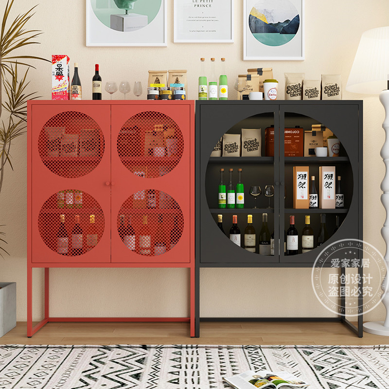 新中式铁艺网门餐边柜酒柜客厅靠墙储物柜现代简约茶水柜收纳柜