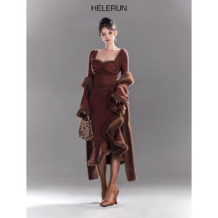 HELERUN 原创毛毛拼接方领复古浪漫开叉连衣裙长裙 「暮色烟城」