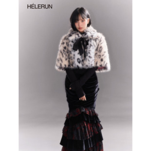 HELERUN 「豹豹甜心」原创皮草蝴蝶结系带环保豹纹皮草斗篷外套