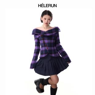 HELERUN黑莓提子酒 一字肩呢料外套 羊驼毛原创复古秋冬格子西装
