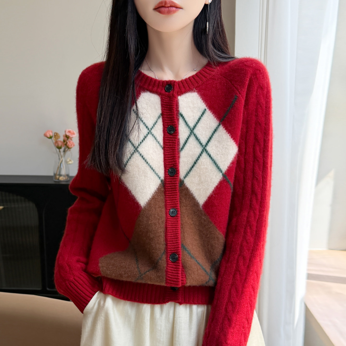 高级感100%纯羊毛加厚圆领开衫女