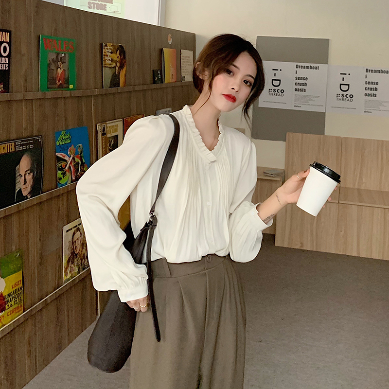 實拍實價 法式設計感復古港味長袖襯衫女