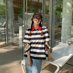 #Real price ᦇ design sense small crowd loose polo collar stripe short sleeve T-shirt women's summer
