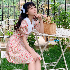 #French first love sweet little fresh bubble sleeve floral dress women's summer