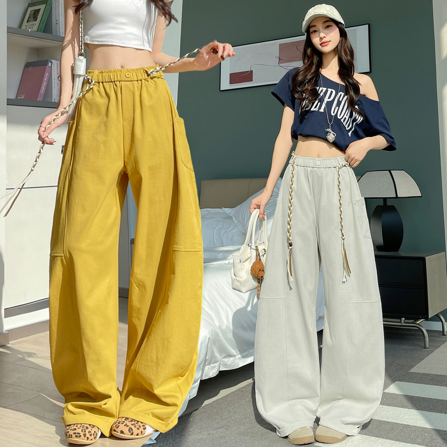 美式新款多巴胺休闲工装裤女春季高腰垂感宽松显瘦直筒百搭阔腿裤,女装/女士精品,休闲裤,淘宝优惠券,粉丝福利购,淘宝优惠卷