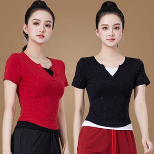 夏季新款广场舞t恤银洒闪闪假两件网红款短袖上衣时尚演出服女棉
